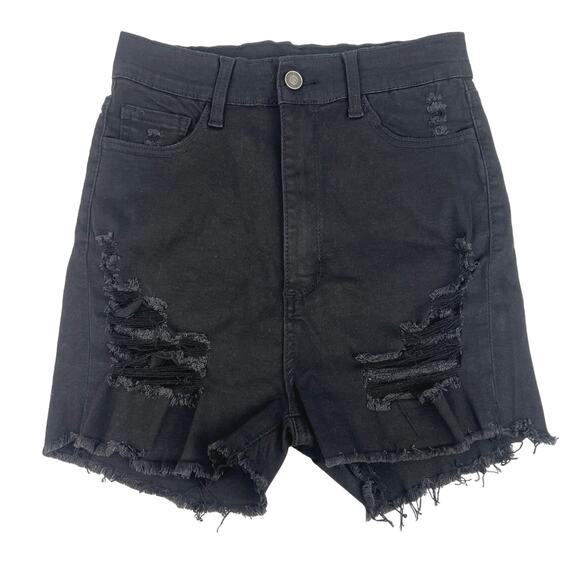 Fashion Nova Black Denim High Rise Distressed Frayed Raw Hem Jean Shorts Size M - Picture 1 of 4